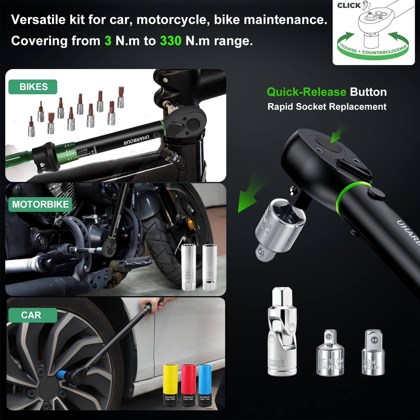 Uharbour Momentsleutel 3/8, 5-60 Nm 0,1 Nm, micro-instelling, ± 3% nauwkeurigheid met 72 tanden, momentsleutel voor fiets, motorfiets en auto