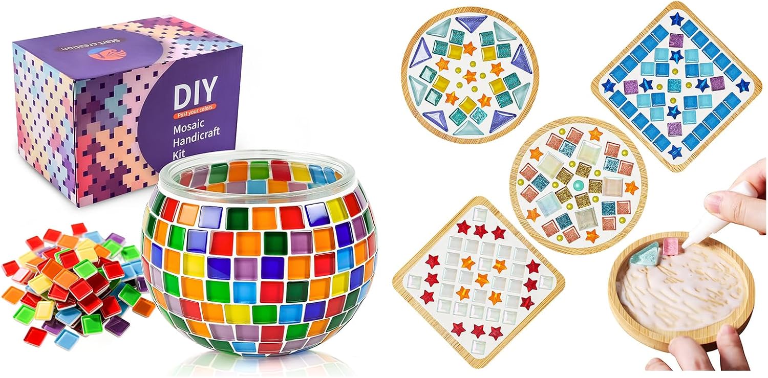 Joyclub Bundle of DIY Mosaic Candle Holder Kit and 4 Sets DIY Glass Mosaic Tiles for Home Lighting Decor Girls Birthday Craft Gifts