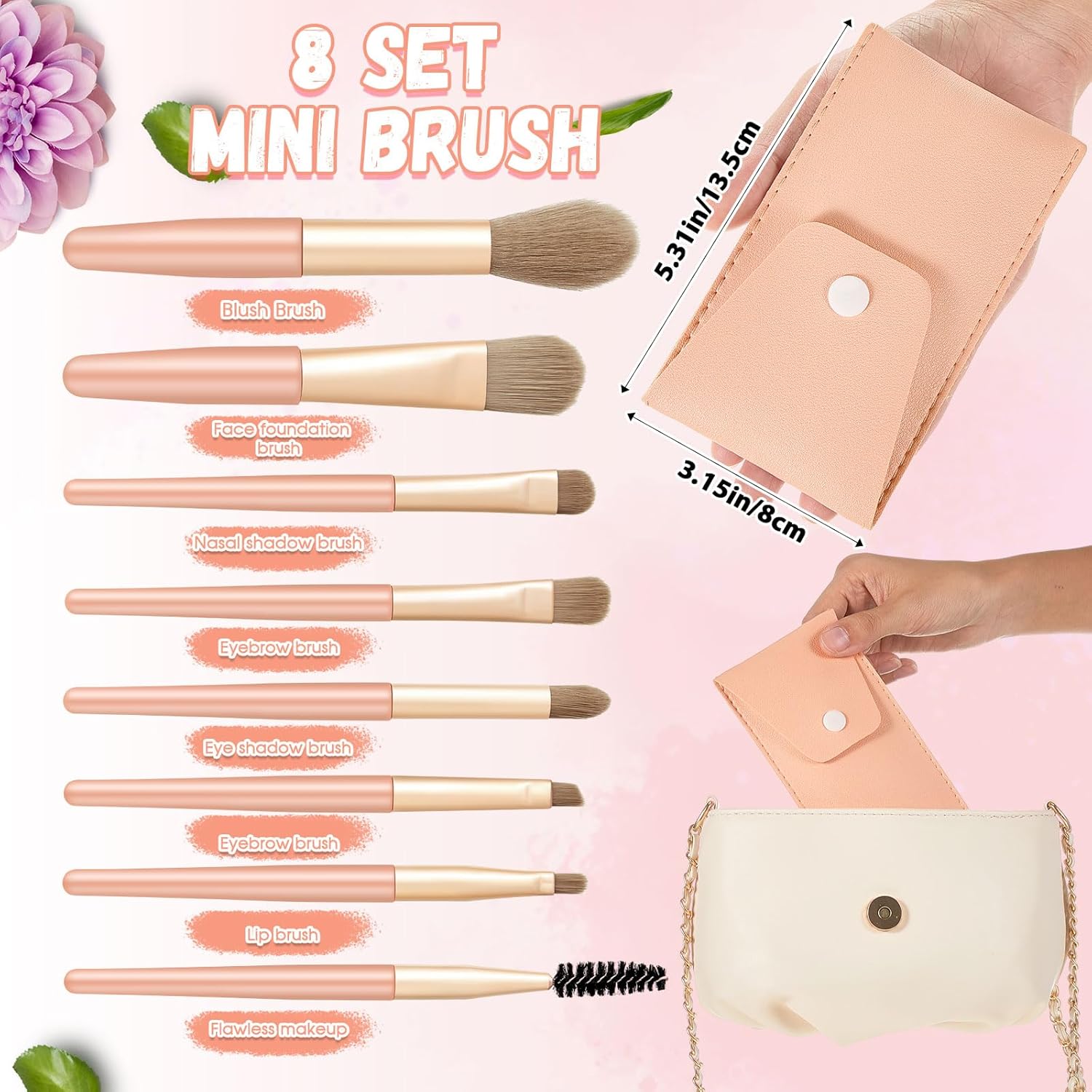 Domensi 8 Set Mini Travel Makeup Brush Set bulk makeup brushes with Bag Bridesmaid Mirrors Wedding Gift Magnifying Compact Pocket Mirror for Women Bridal Shower Proposal Party Favors