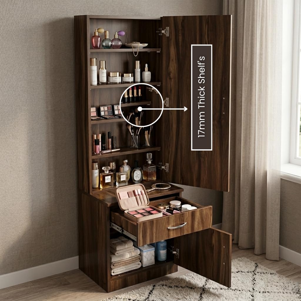 CASPIAN Engineered Wood Single Door Wooden Vanity Dressing Table (Dark Brown) | Pre-Assembled Furniture with Mirror | Makeup & Accessories Storage Organizer with 5 Shelves, 1 Cabinet & 1 Drawer-image-21
