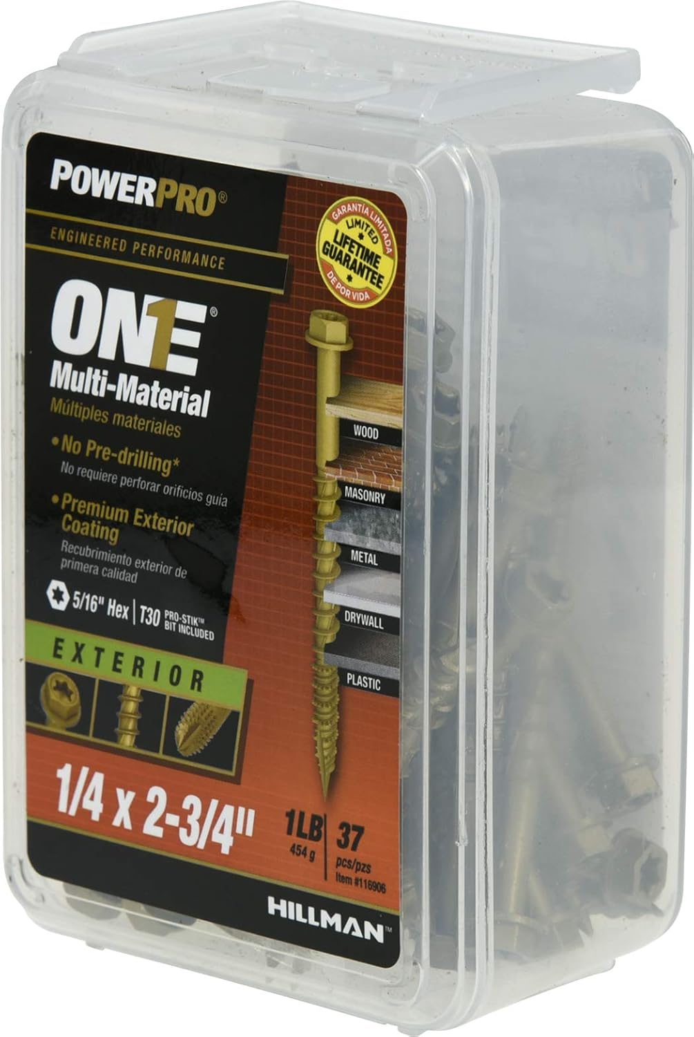 Power Pro Premium One Multi-Material Hex Washer Head Screws, Epoxy Coated Steel, Fasten in Wood, Metal, Concrete, Drywall and Plastic, Bronze, ¼ x 2-¾ inches, Box of 37 Screws