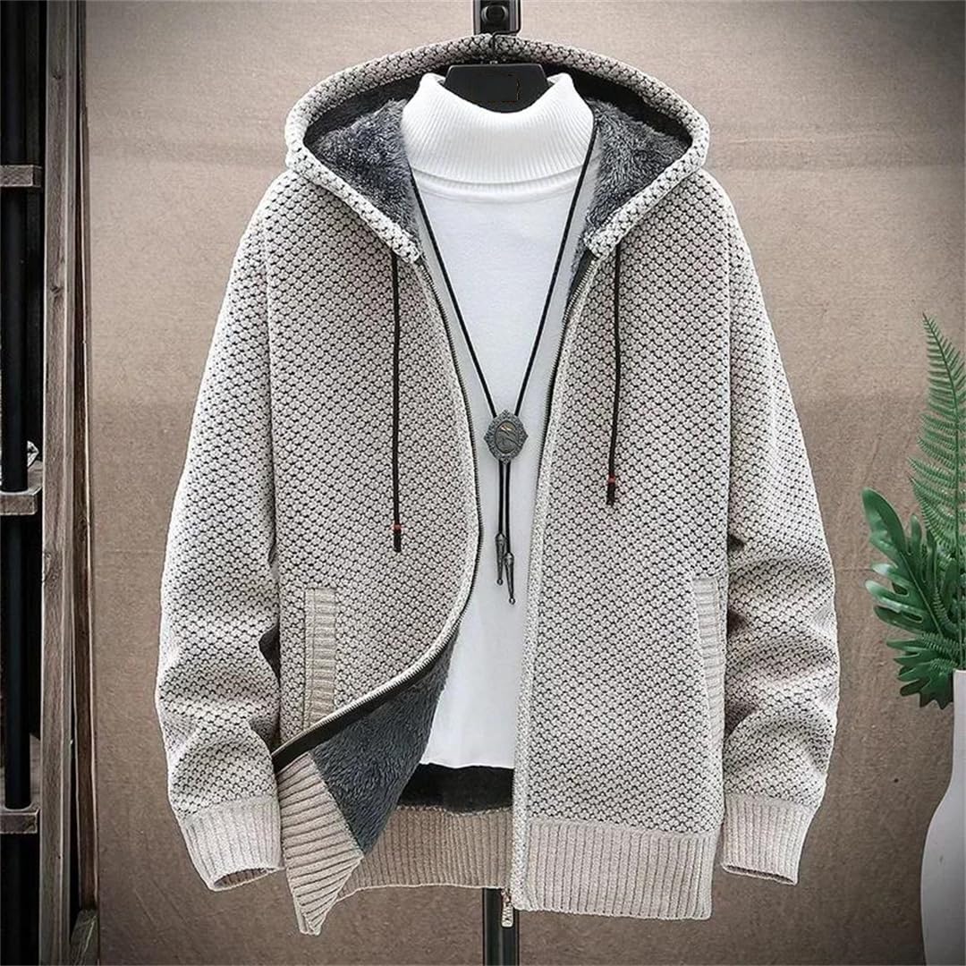 Men's Hooded Knit Cardigan Sweater Solid Fleece Warm Casual Zipper Sweatercoat For Fall And Winter