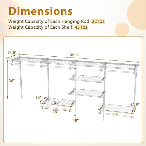 Miniatura 13 de Tangkula 4 to 6 FT Custom Closet Organizer System Kit, Wall-Mounted Storage Organizer with Wire Shelving and Hanging Rods, Adjustable Closet Grey