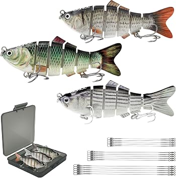 3 Pcs Multi Jointed Bass Fishing Lures, Jointed Swimbaits with 15pcs Fishing Leaders, Slow Sinking Bionic Swimming Lures for Panfish Trout Bass Lifelike Fishing Lures Topwater Freshwater Saltwater