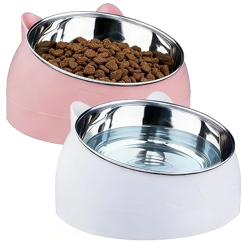 Sinbeon Cuenco para gatos, 2 unidades, 15°, inclinado, de acero inoxidable, con base antideslizante