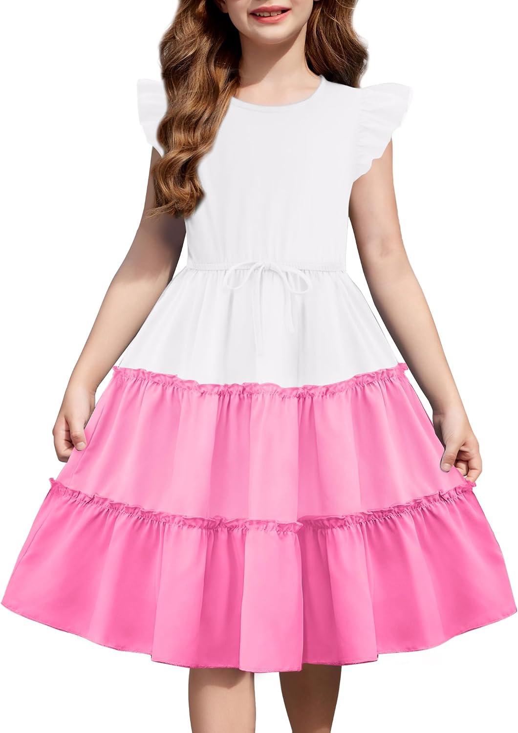Arshiner Girl's Summer Dress Ruffle Sleeve Tiered Casual Party Dresses with Pockets 5-12 Years