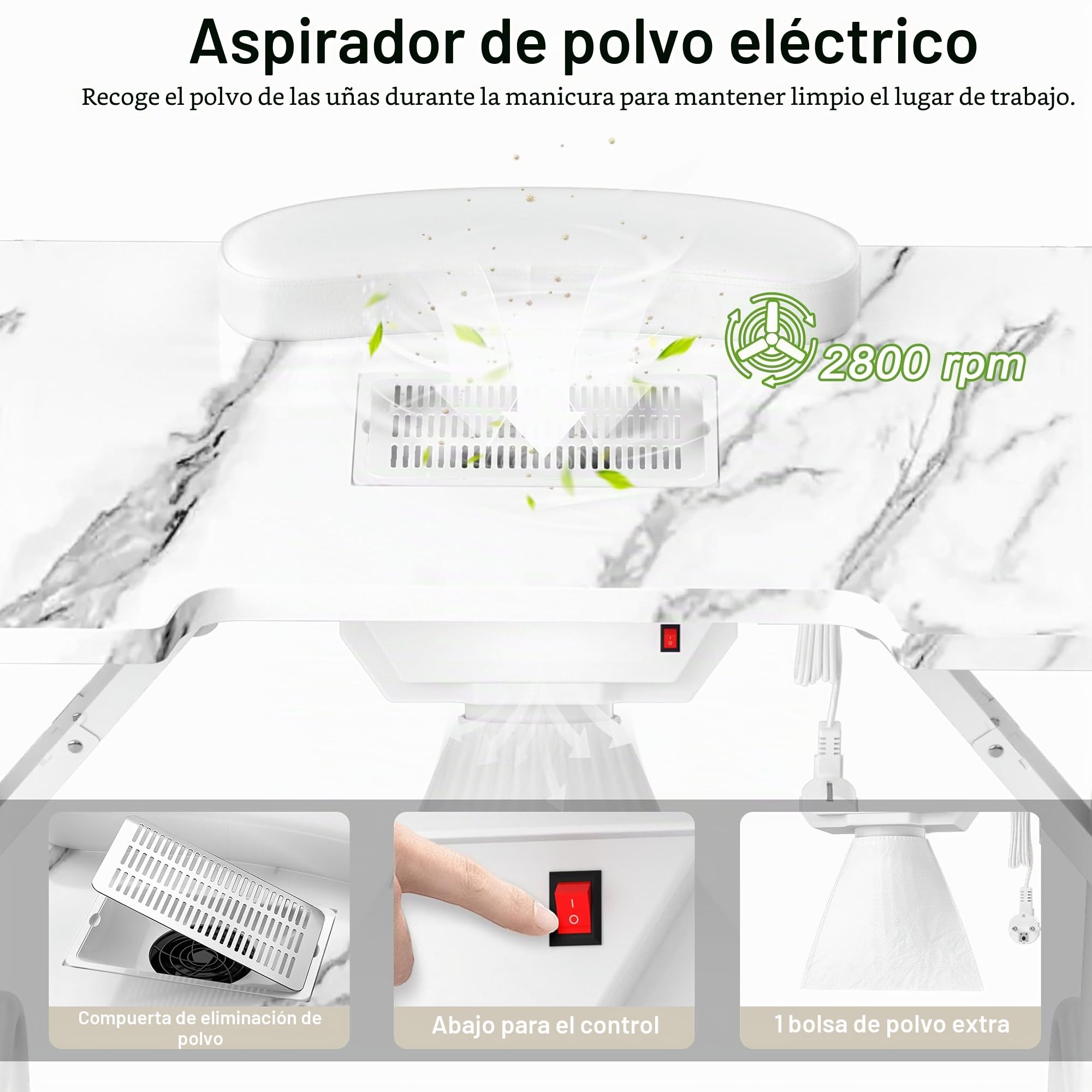 Froadp 94 x 48 x 72 cm Mesa de manicura con succión plegable mesa de uñas plegable mesa de estudio con ruedas cojín de mano cajón y bolsa de almacenamiento mesa de manicura para salón de uñas, vetas