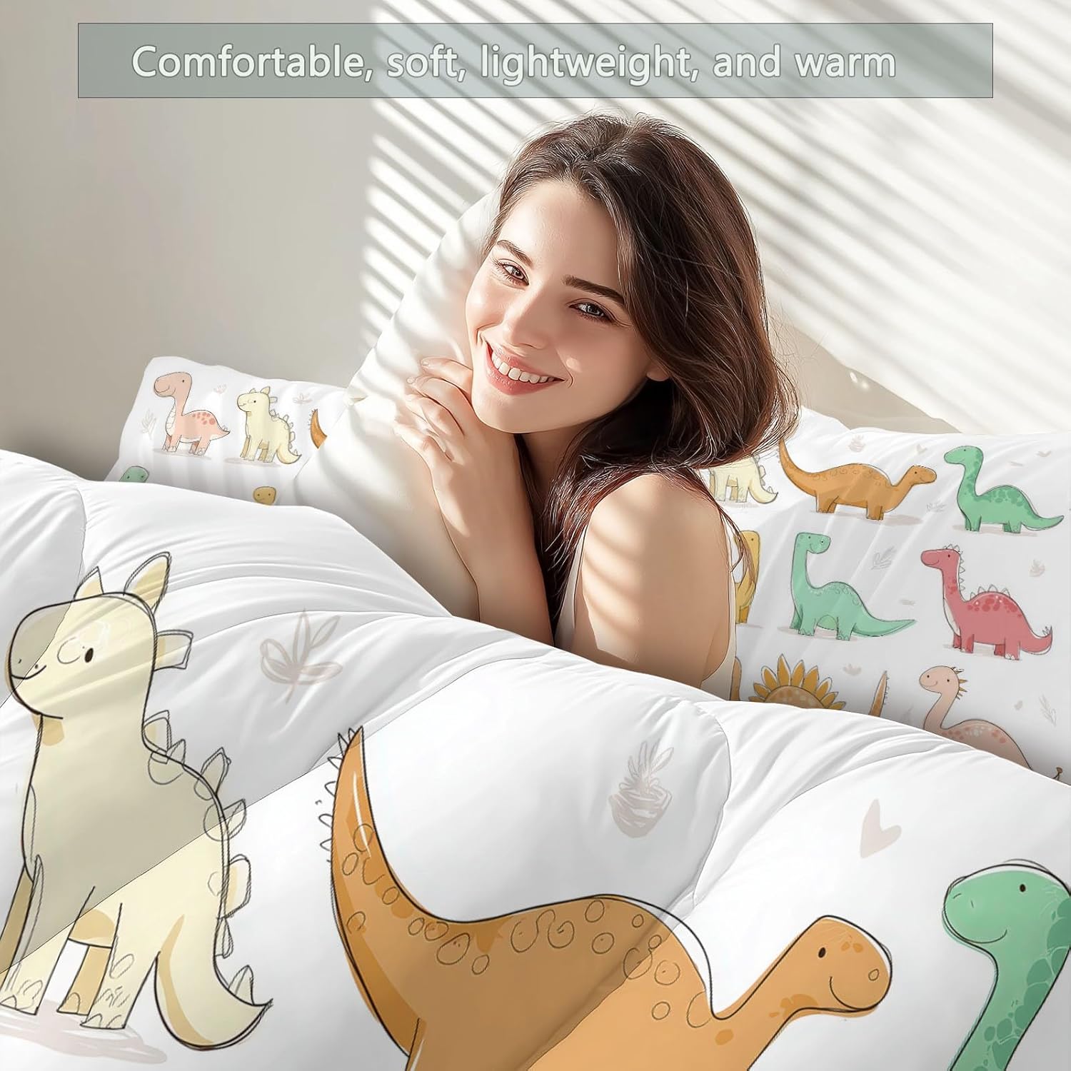 3 Pieces Animals Cute Colored Dinosaurs Bedding Set, Cartoon King Comforter Set for Kids Girls Room Decor, Aesthetic Soft Microfiber Quilt for All Season (104" x 90")