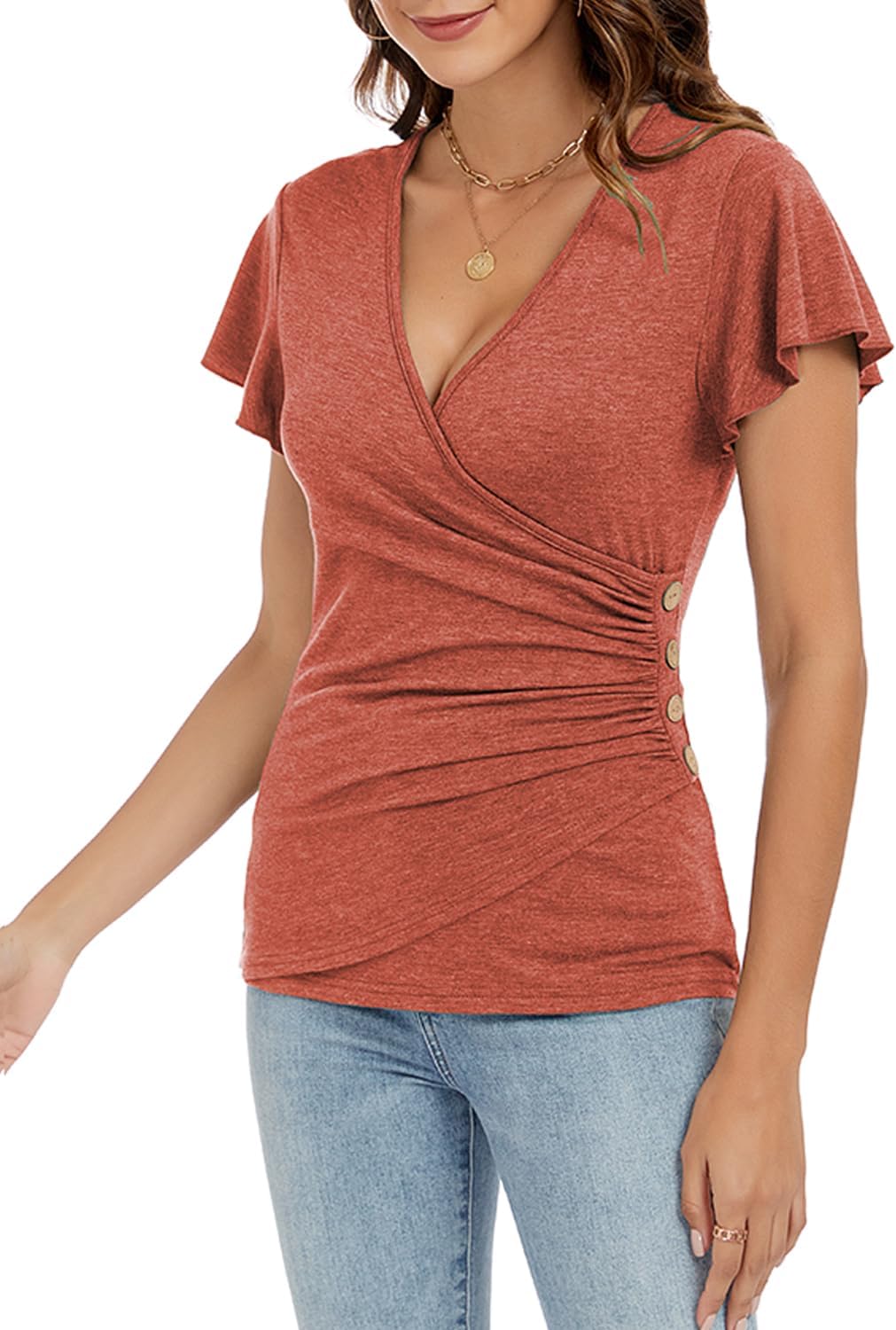 Womens Summer Sexy Deep V Neck Wrap Tops Ruffle Short Sleeve Criss Cross Ruched T Shirts Slim Fit Blouse - Image 2