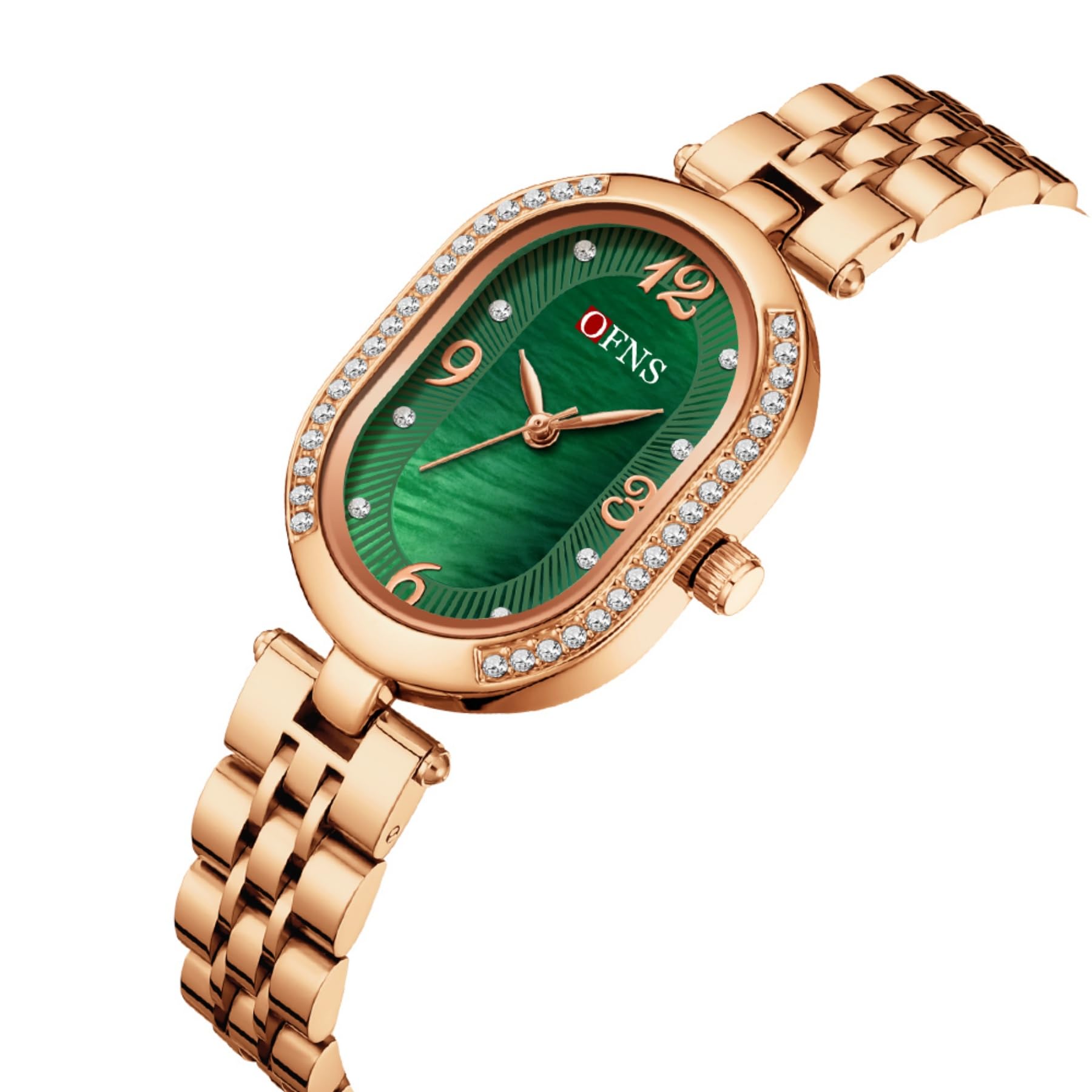 OFNS Reloj de mujer ovalado con diamantes y esfera de nácar, diseño minimalista clásico, acero inoxidable, para mujer