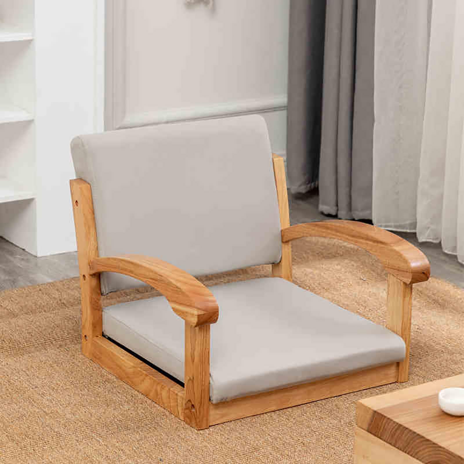 Chaise de Sol en Bois avec Dossier et accoudoirs,Chaise Tatami Japonaise sans Pieds avec Coussin,Chaise Basse Vintage pour Balcon,Salon,Chambre(Wood, Gray)