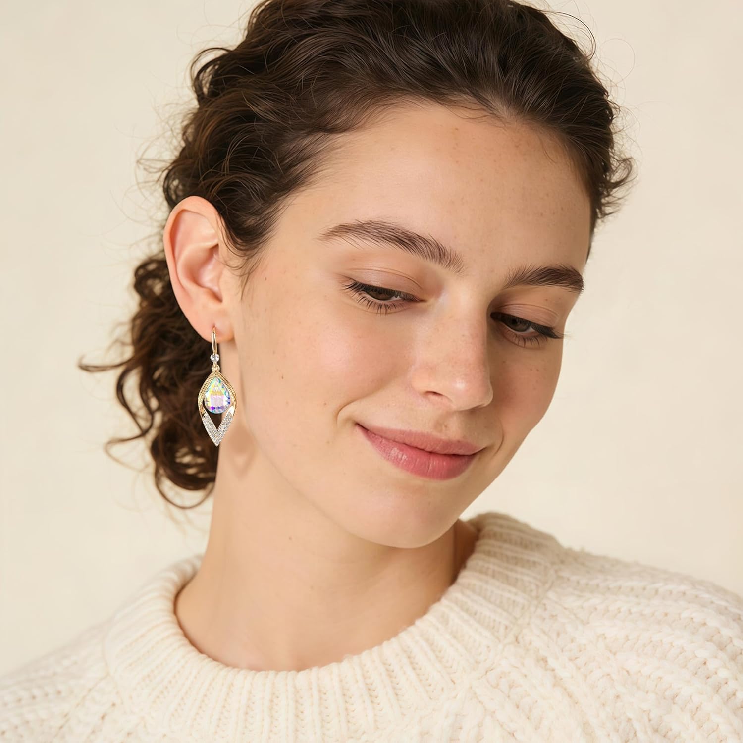 Austrian Crystal Teardrop Hollow Leaf Drop Dangle Earrings for Women 14K Rose Gold Plated Hypoallergenic Jewelry - Image 7