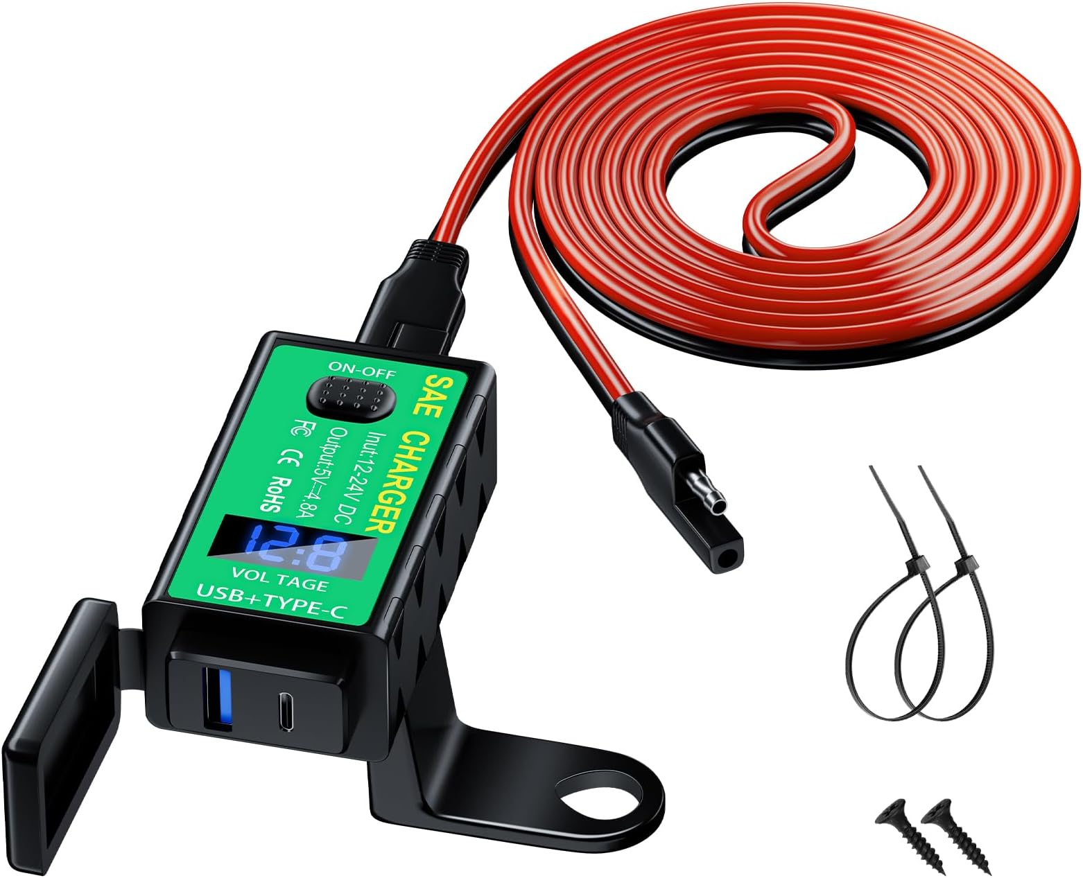 YONHAN Motorcycle Phone Charger - Dual USB Type C PD & Quick Charge 3.0 with Voltmeter & ON/Off Switch, SAE to USB Adapter - Waterproof Accessory