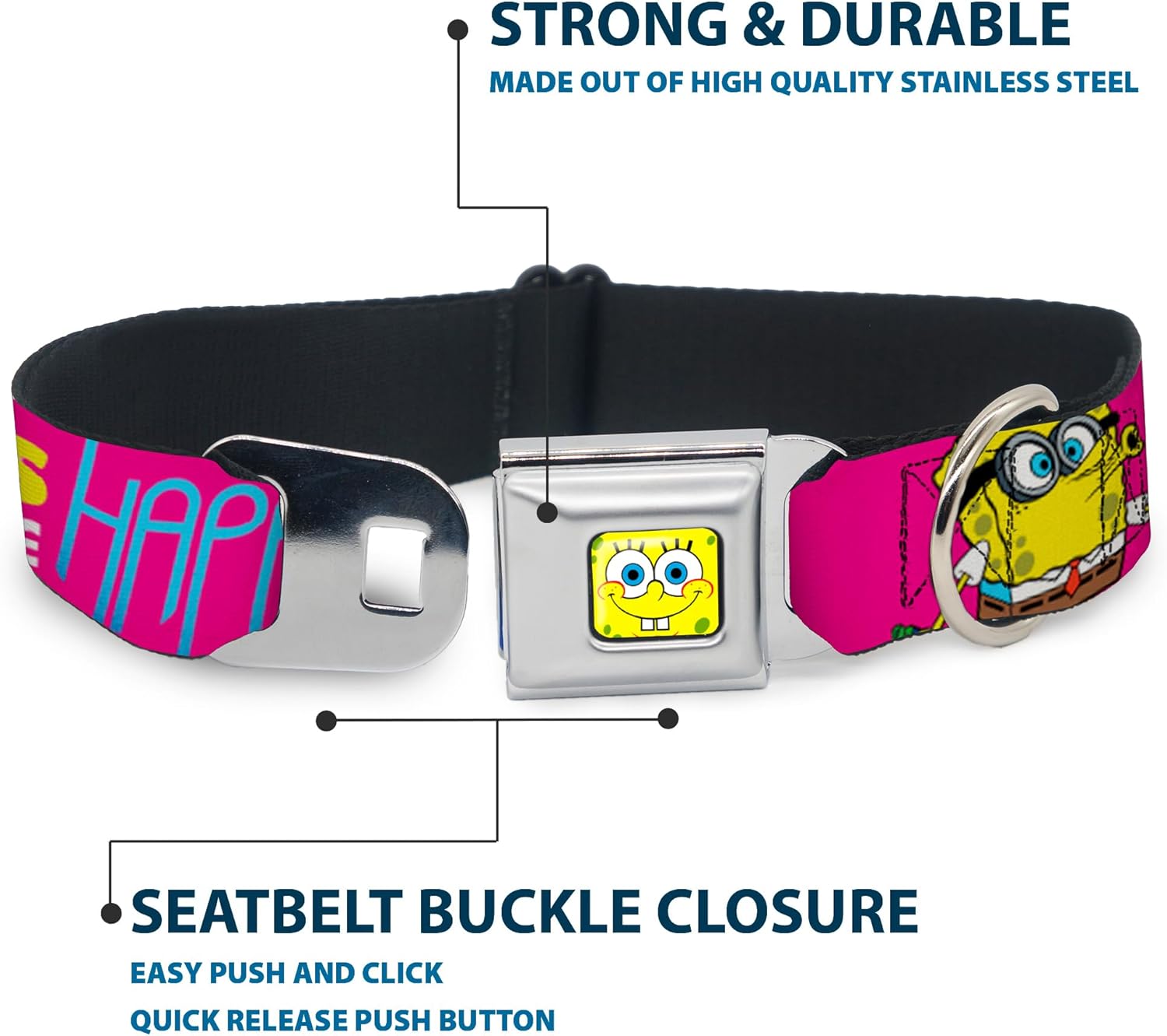 Dog Collar Seatbelt Buckle Patrick Starfish Pose Bubbles Make People Happy Pink 15 to 26 Inches 1.0 Inch Wide