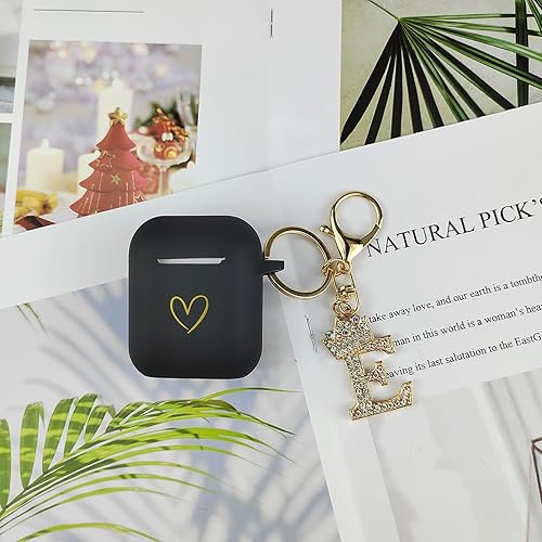 Miniatura 5 de Funda compatible con AirPods, funda de silicona suave con patrón de corazón dorado para AirPods de 2 y 1 generación, con llavero de letra A-Z con