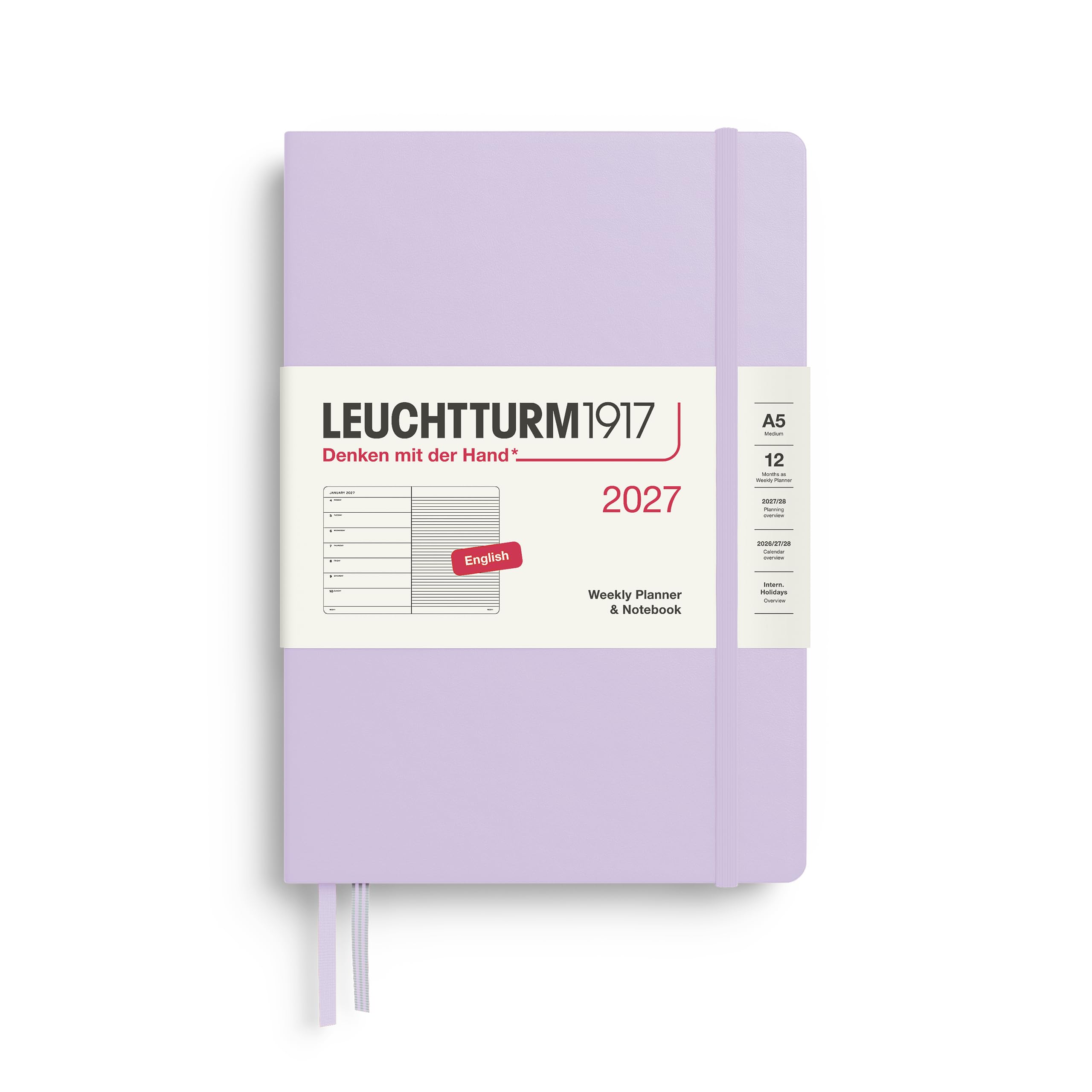 LEUCHTTURM1917 Wochenkalender 2027 Medium (A5) mit Notizbuch, liniert - Terminplaner Englisch, Lilac, Hardcover, 145 x 210 mm, Januar-Dezember 2027, Wochenübersicht links + Notizseite rechts