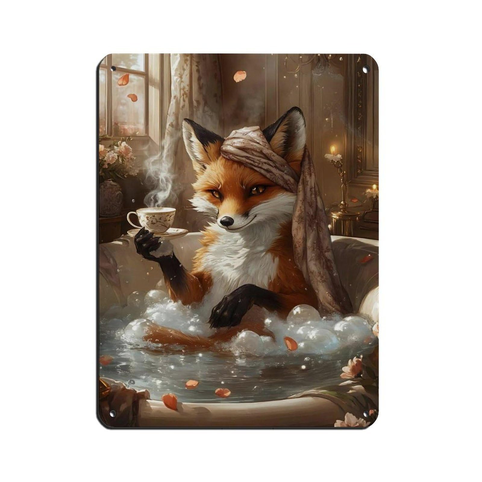 Whimsical Fox Bath Art,Cute Fox with Tea Cup Tin Sign Vintage Metal Pub Club Cafe Bar Home Wall Art Decoration Poster Retro 12x16inch(30x40cm)