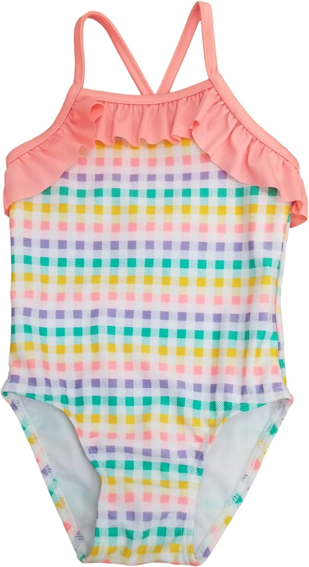 Catjack Infant & Toddler Girls 1pc Coral Colorful Check Checkered Ruffled Swim Suit