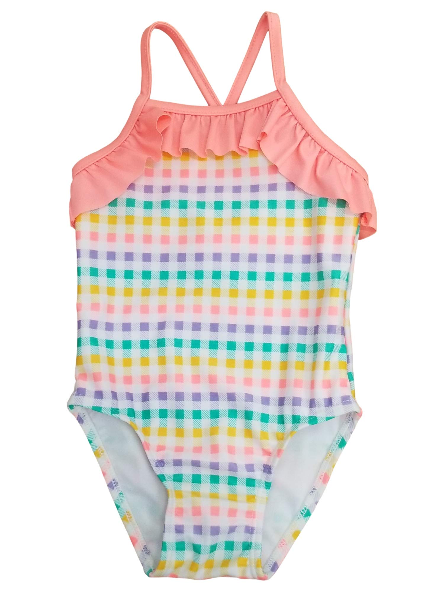 Catjack Infant & Toddler Girls 1pc Coral Colorful Check Checkered Ruffled Swim Suit