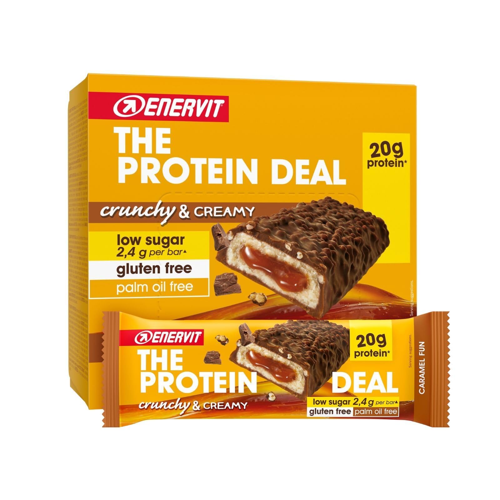 Enervit The Protein Deal Caramel Fun – Proteinriegel, Milchschokoladengeschmack, weiche Karamellfüllung, 20 g Protein, 2,4 g Zucker, süßer und gesunder Snack, Glutenfrei, 12 Riegel à 55 g