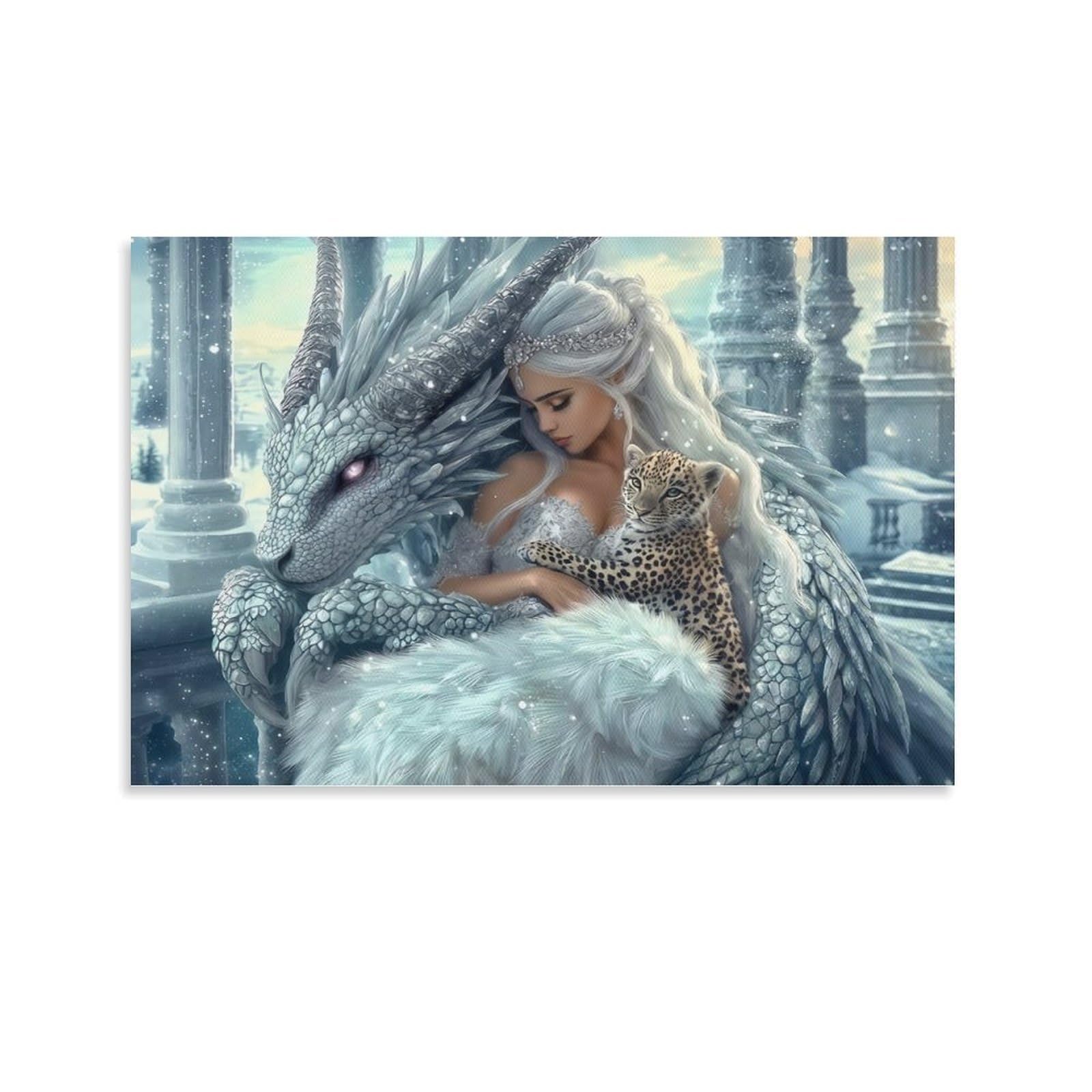 CPLVKWRQJ Snow Dragon Fantasy Individual White Dragon Noble Lady Snowy Ancient Ruins Wall Art Decor - Kitchen Removable Canvas Wall Art Multi-Purpose Focal Point 20x30inch(50x75cm)