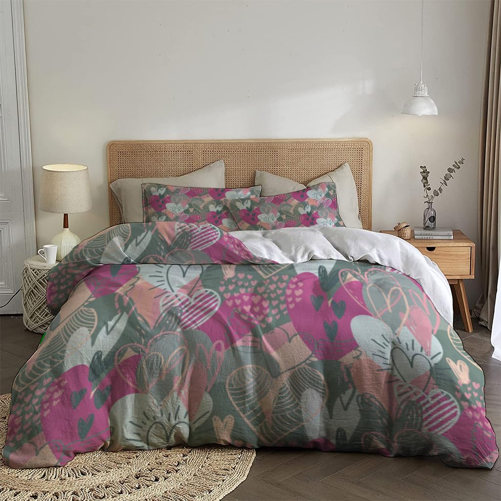 NIBAINLO 布団カバー手描きのスケッチ風ハート 肌に優しい ピーチスキン加工 掛け布団カバー 和式 洋式 あったか 布団カバーセット リバーシブル ホームステイ ホテル 家庭兼用