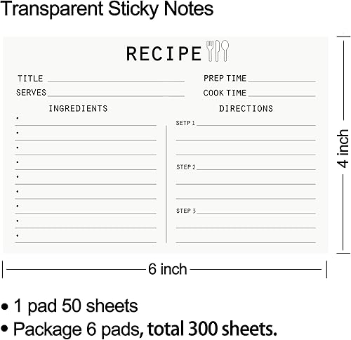 Miniatura 3 de Notas adhesivas transparentes de 4 x 6, bloc de notas de recetas para escribir en tus propias recetas, notas adhesivas transparentes transparentes