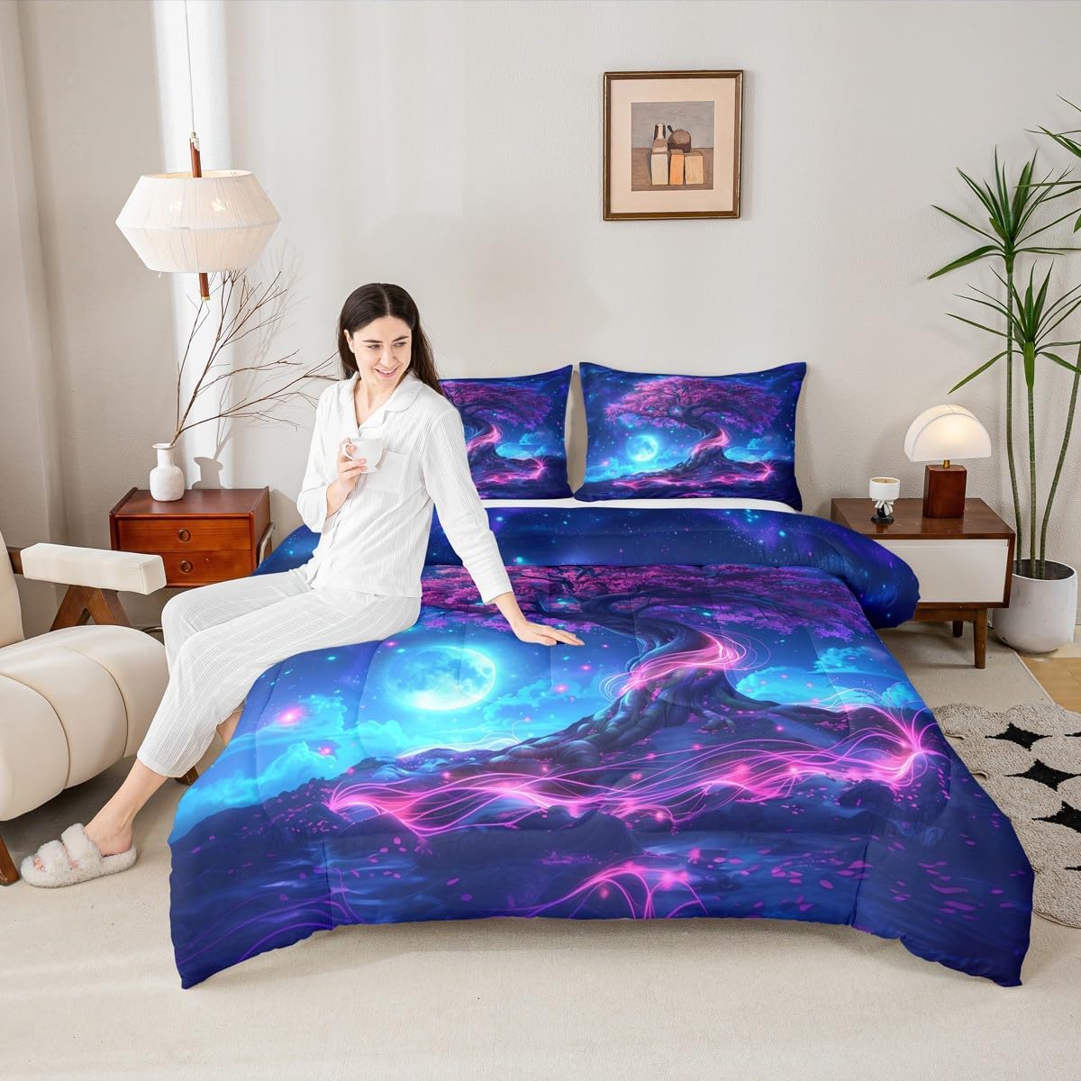 Castle Fairy Cherry Tree Comforter Set Toddler Size Natural Landscape Botanical Bedding Set Bedroom Decor Galaxy Nebula Quilt Set for Kids Boys Girls Dreamy Exotic Style Duvet Insert 2Pcs
