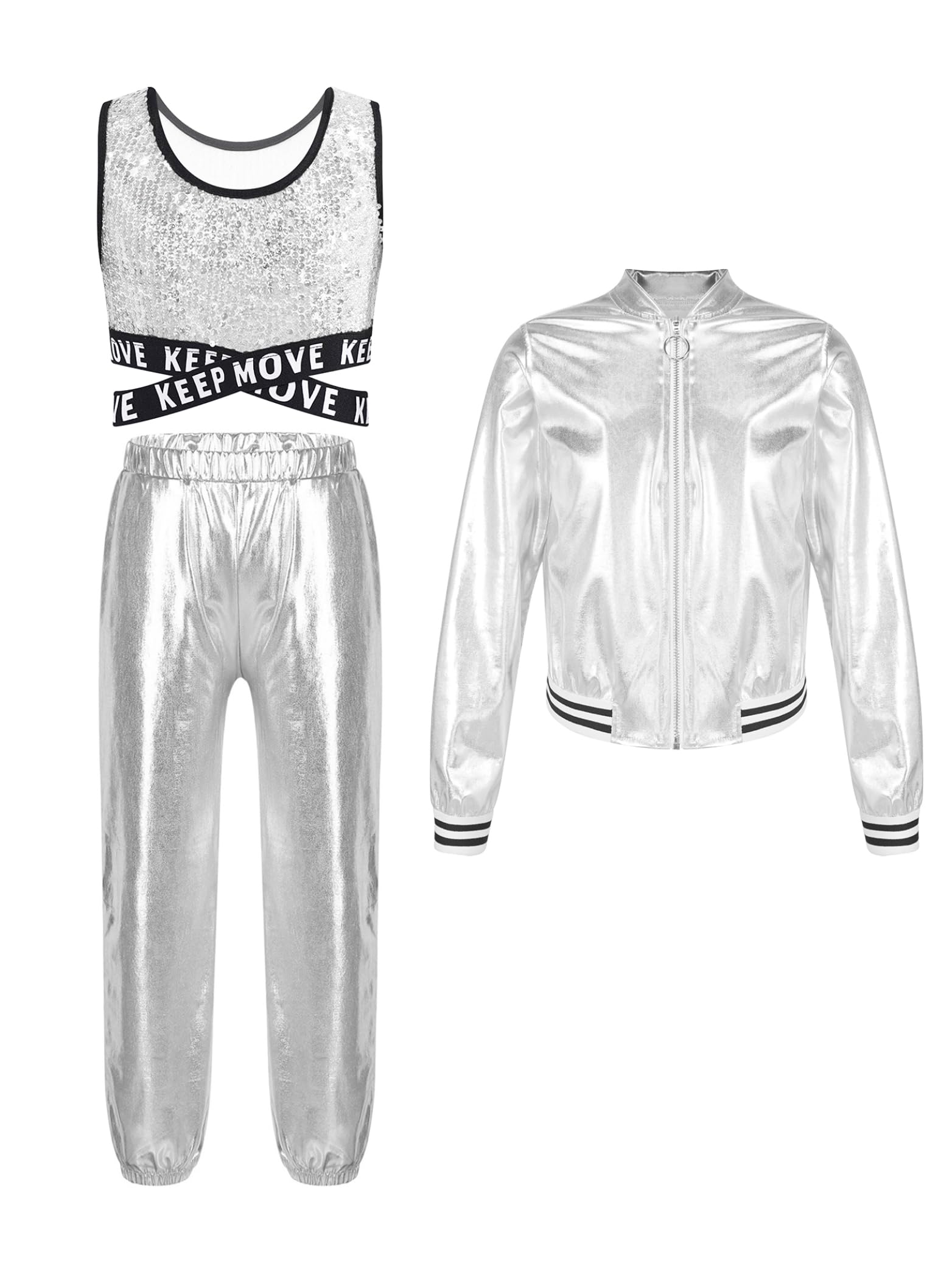 Jhaoyu Dziewczęcy metaliczny dres treningowy, 3-częściowy, hip hop, jazz, taniec, odzież, metaliczny T-shirt, kurtka, spodnie treningowe, legginsy, karnawał, imprezę, strój