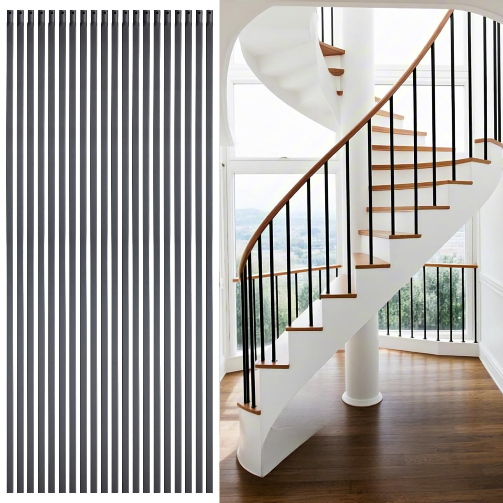 20Pack Wrought Iron Plain Balusters 1/2 Inch x 44 Inch Square Stairs Baluster Deck Balusters Plain Bar Balusters Iron Stairing Balusters Hollow Satins for Indoor Stairs Black