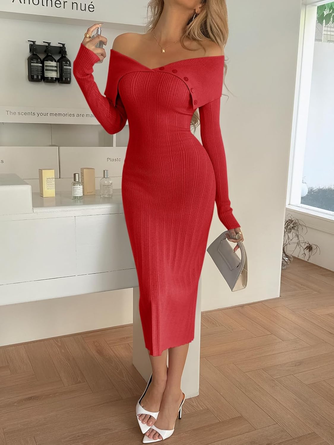 Saodimallsu Womens Off The Shoulder Sweater Dress Long Sleeve Bodycon Ribbed Knit Cocktail Party Formal Midi Dresses - Image 3