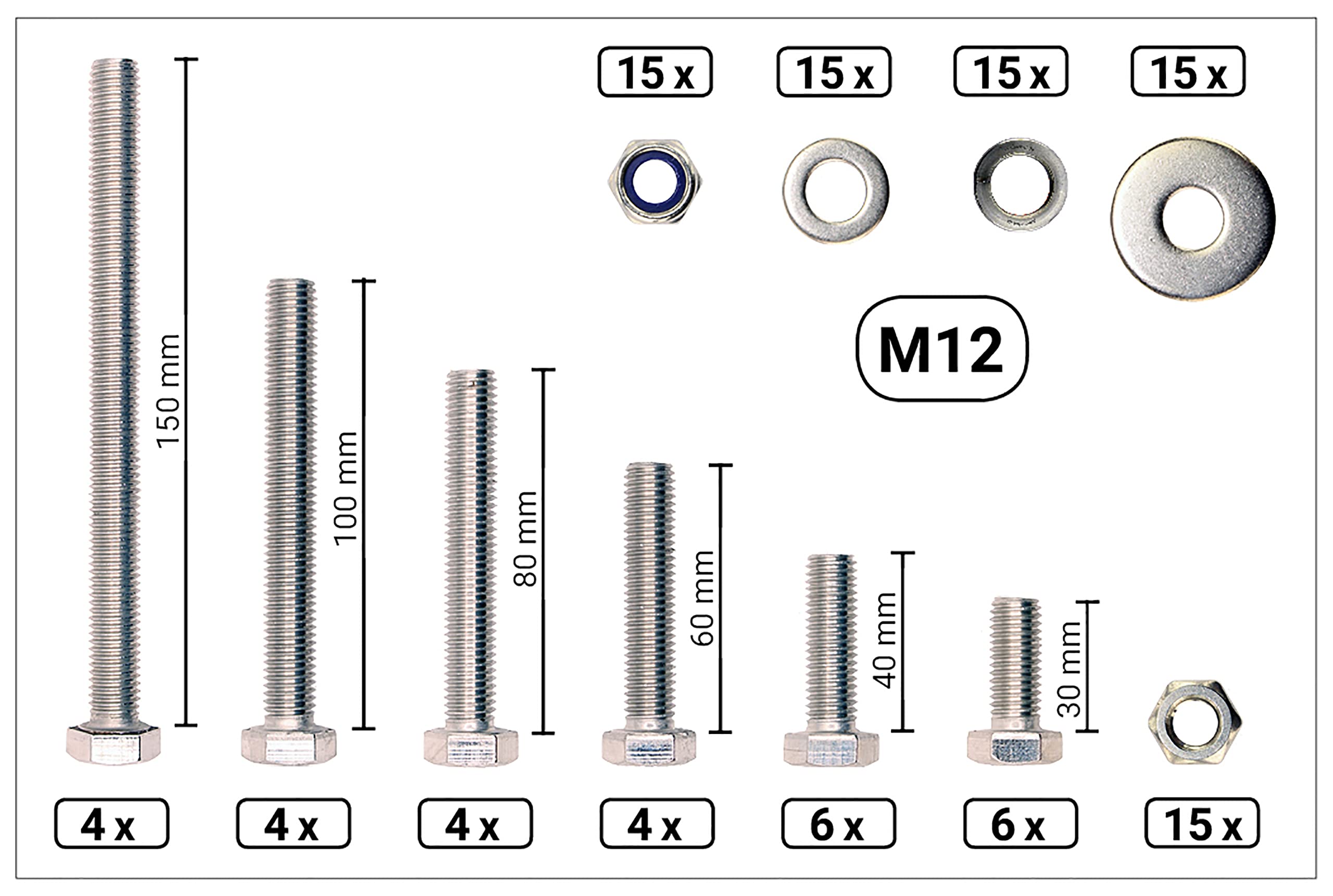 Sortiment Sechskantschraube Gewinde bis Kopf DIN 933 Edelstahl A4 V4A inkl. Schraube+Mutter+Stoppmutter+U-Scheibe+Federring+Große U-Scheibe (DIN933+934+985+125+127+9021) (M12 103 Teile)