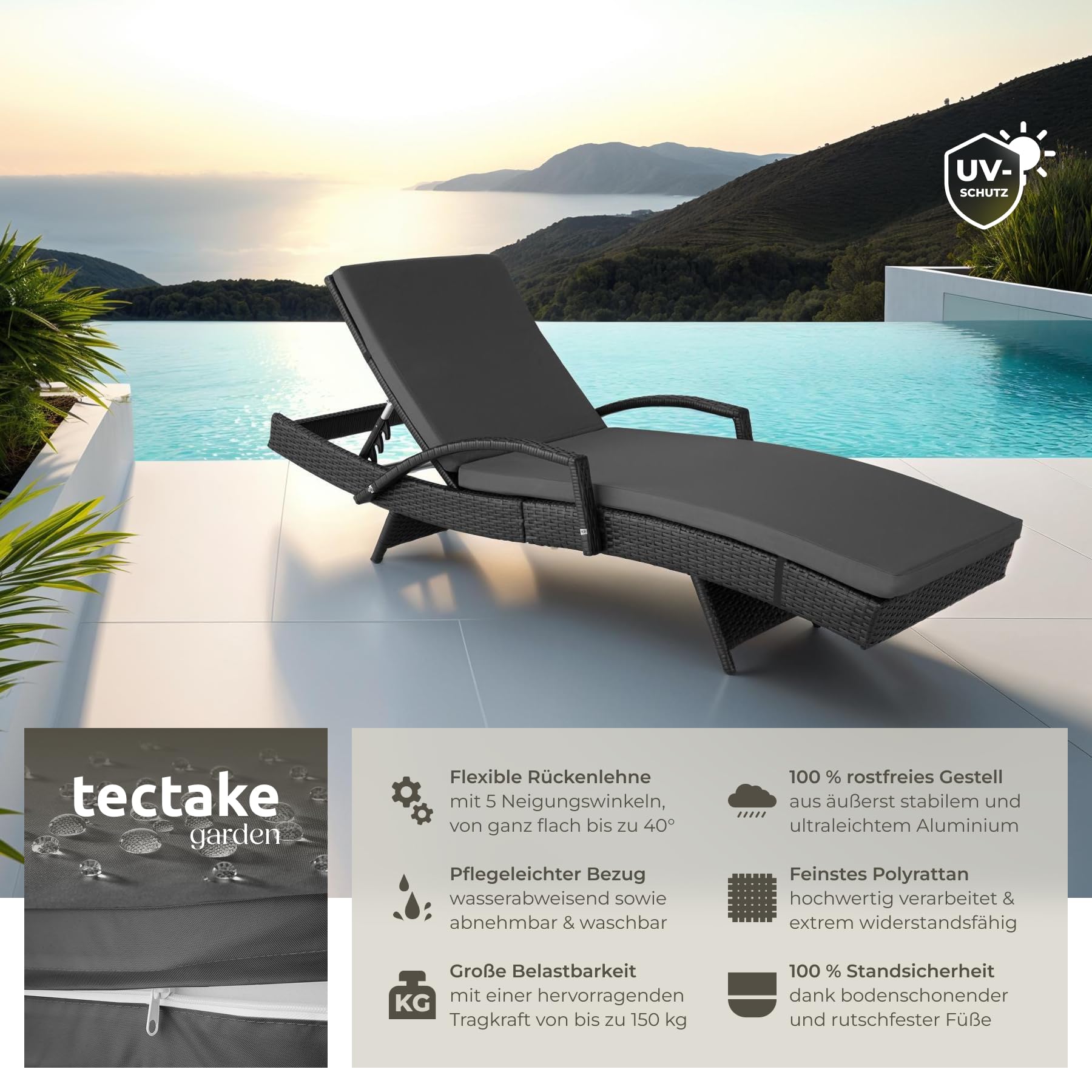 tectake® Polyrattan Sonnenliege, Alu Gartenliege mit 5-Fach Verstellbarer Rückenlehne, wetterfest, Outdoor Relaxliege mit weicher Polsterauflage, Rattanliege für Garten, Balkon und Terrasse - schwarz