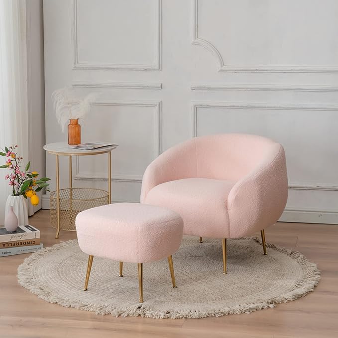 Kiztir Pink Accent Chair, Reading Chair with Ottoman/Gold