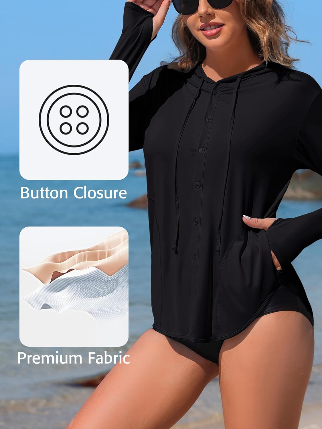 ATTRACO Rash Guard for Women UPF 50+ Sun Protection Clothing Button Down SPF Hoodie Beach Shirts - Image 6