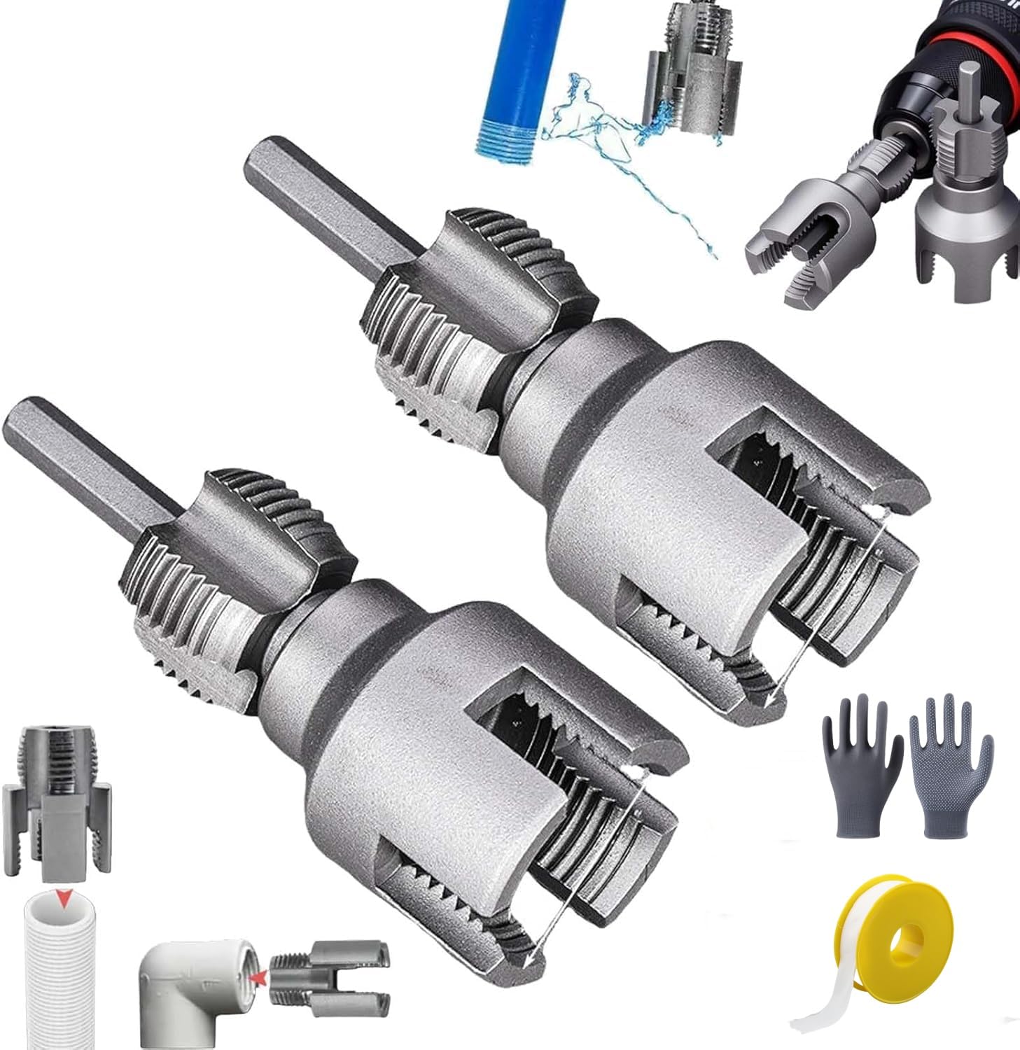 2025 New Integrated Internal & External Pipe Threading Tool (1/2'' 3/4'' 1'' Dies), Dual-Function Pipe Thread Cutting Tool, Electric Drill Compatible