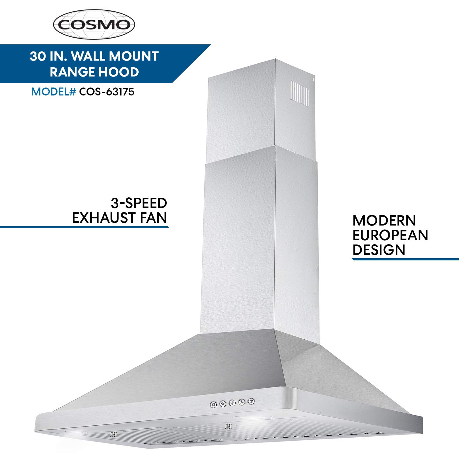 Cosmo 63175 30 in. Wall Mount Range Hood with Efficient Airflow, Ducted