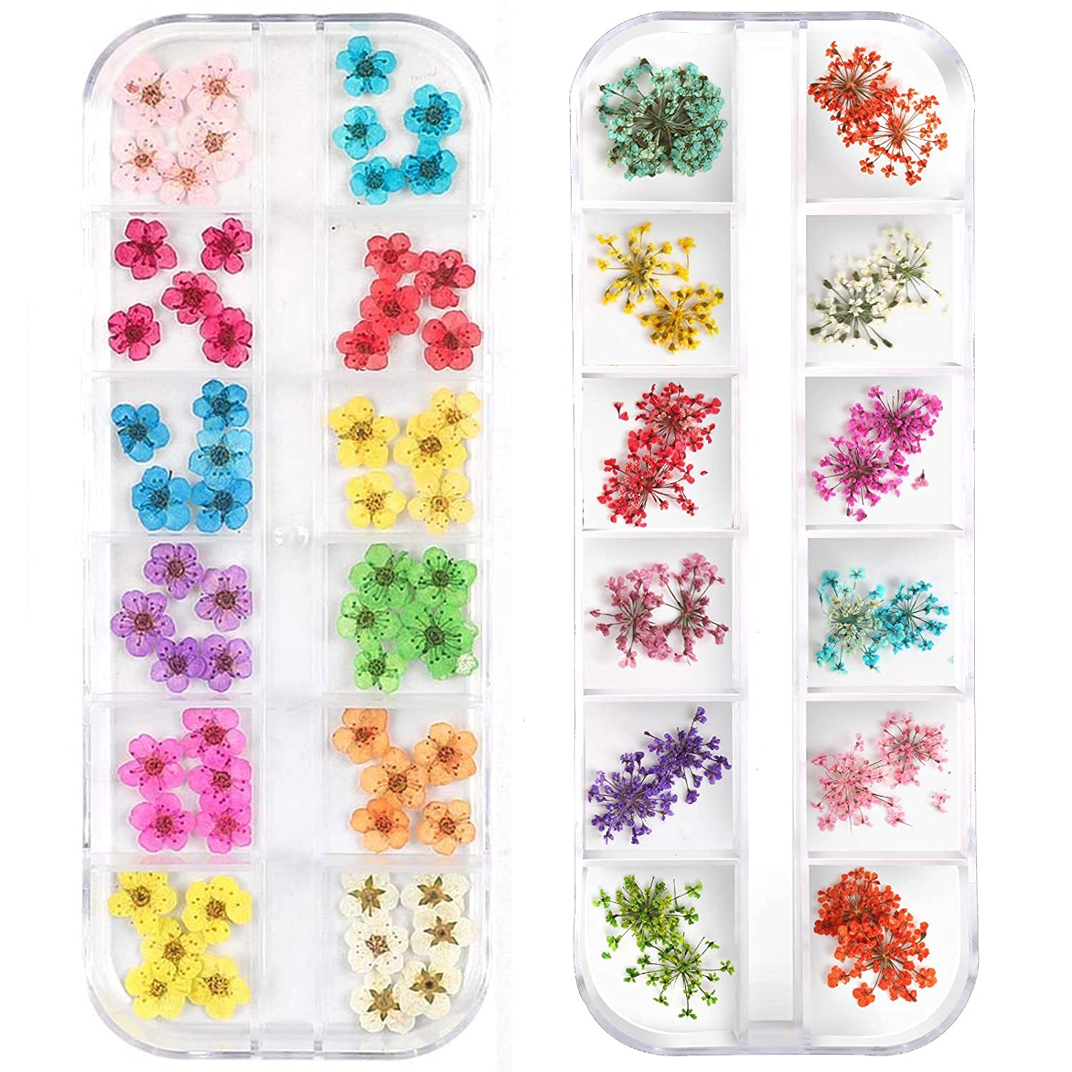 LPOne 2 Boxes 3D Nail Mini Dried Flowers Sticker Nail Art Resin Craft DIY,Real Natural Dried Flowers, Five Petal Flower Leaf Gypsophila Dry Flower Nail Art Decoration Kits., box 5.12 x 1.97 inches