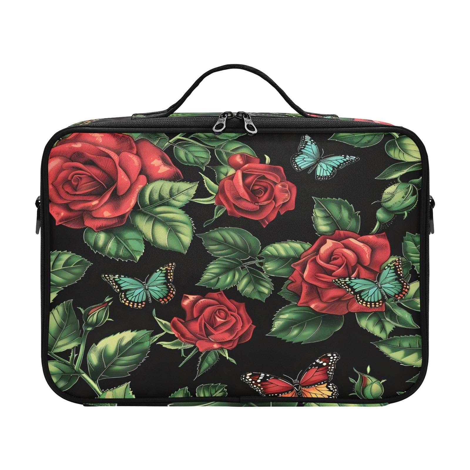 zyrtty Travel Makeup Train Case Red Rose Butterfly Pattern Cosmetic Organizer Portable Storage Bag with Adjustable Dividers for Cosmetics Brushes Toiletry Jewelry Digital Accessories