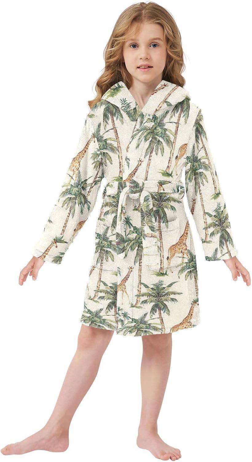 senya Coconut Trees and Giraffes Toddler Hooded Bathrobe Kids Soft Plush Bath Towel Robes for Boys Girls 2-12 Years