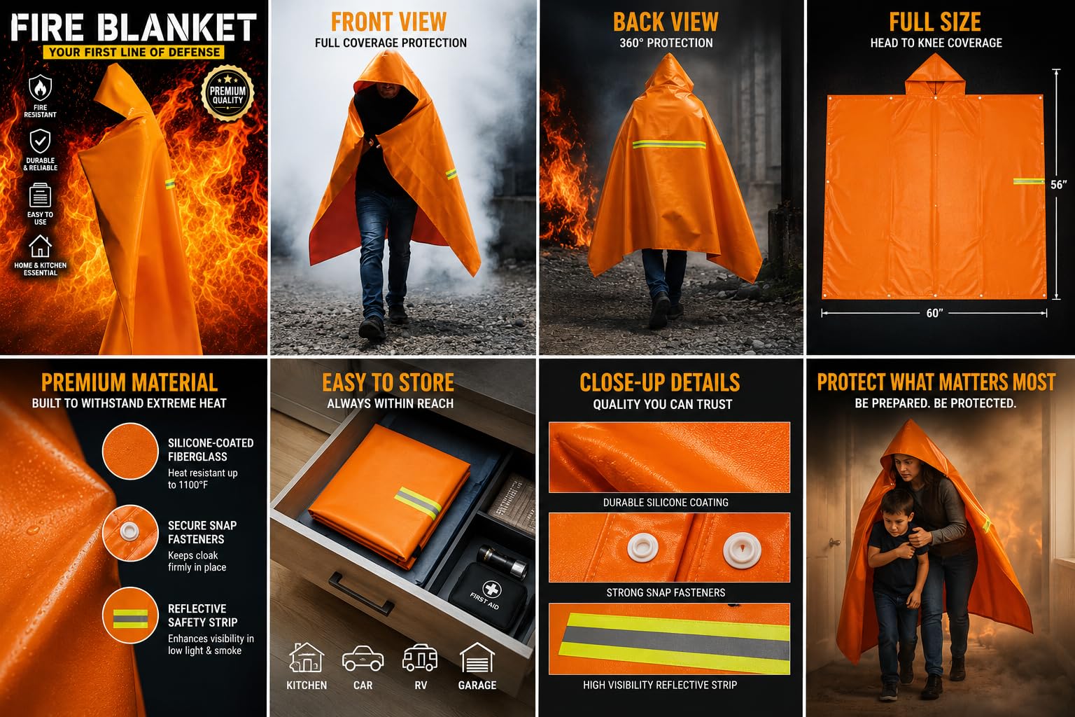 Manta ignífuga | Manta ignífuga con capucha | Mantas de emergencia contra incendios para cuerpo completo | Capa con capucha de emergencia con tiras reflectantes | Resistente al calor