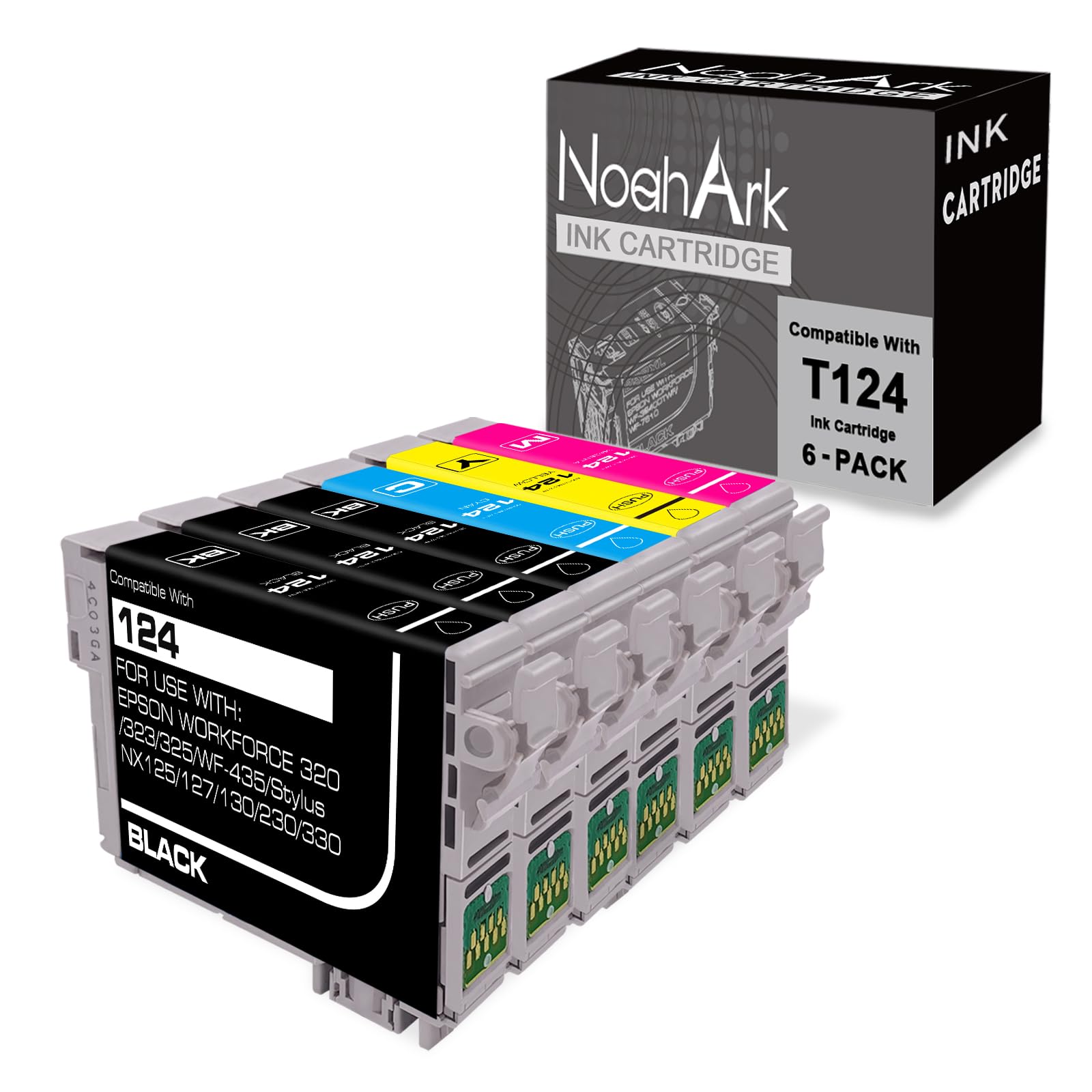 NoahArk 6 Packs T124 Remanufactured Ink Cartridge Replacement for Epson 124 use for Epson Stylus NX125 NX127 NX130 NX230 NX330 NX420 NX430 WorkForce 320 323 325 435 (3 Black 1 Cyan 1 Magenta 1 Yellow)