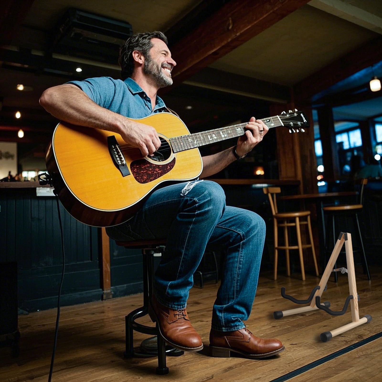 Gitarrenständer,Ständer für Akustikgitarre Ständer für klassische Gitarre A-Frame faltbar,einfache Montage und tragbar,solide Halterung,langlebig (Aschebaum)