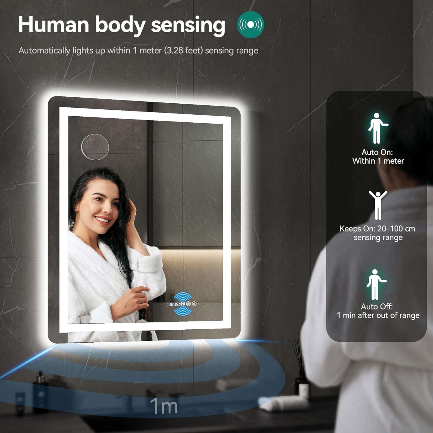 YITAHOME 40 x 32 Inches LED Bathroom Mirror, Front Light and Backlit, Motion Sensor, 10X Magnifying Glass, 3 Colors Dimmable, 5mm Tempered Glass, Anti-Fog, Wall Mounted Mirror-Horizontally Only