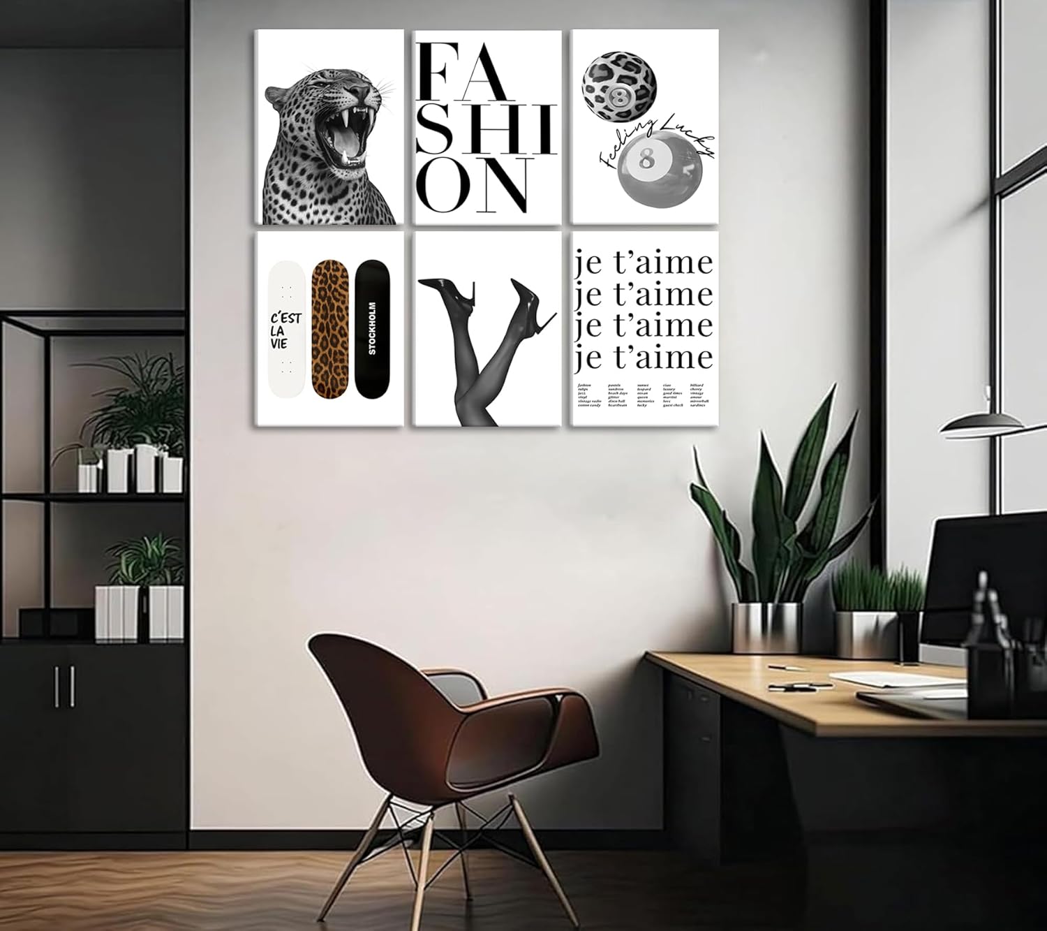 6Pcs Trendy Leopard Canvas Wall Art Fashion Black White Cheetah Posters Artwork Funky Lucky 8 Ball Painting Pictures Wall Decor for Girls Bedroom Apartment Dorm Home Decoration 8x10in Framed