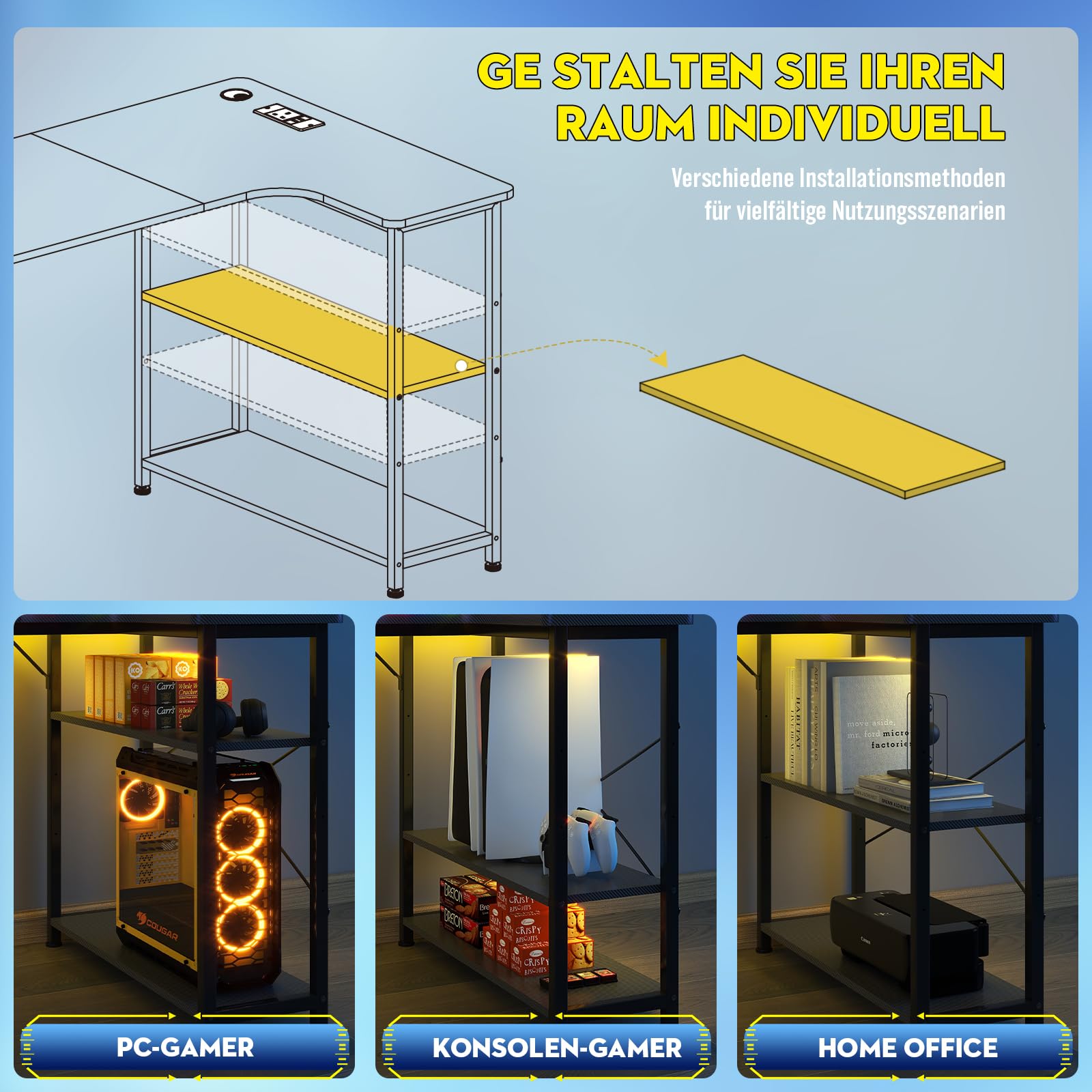 COMHOMA Gaming Tisch mit Steckdose 120 x 80cm Schreibtisch, Eckschreibtisch mit USB-Ladeanschluss und Regal, Computertisch L Form, PC Tisch für Büro, Heimbüro