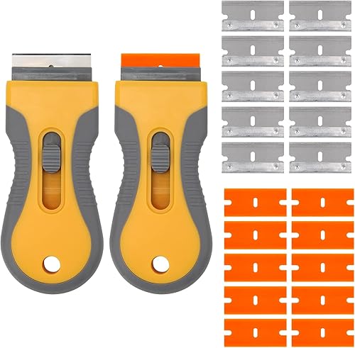 2 raspadores de cuchillas de afeitar, herramienta de raspado de vidrio con 20 cuchillas adicionales de acero y plástico para quitar calcomanías,