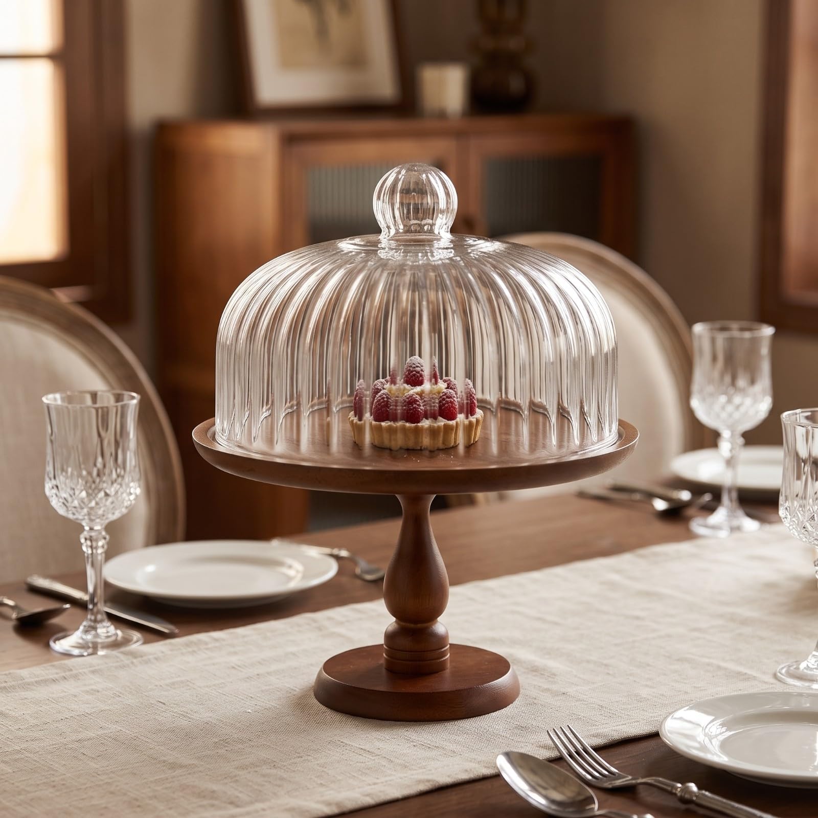 KESOTO Plat à Gâteau Dôme En Verre Cannelé | dôme Bois Surélevé, Plateau Service, Anti-Pssière, Vaisselle, pr Pâtisserie, collation, 28cm