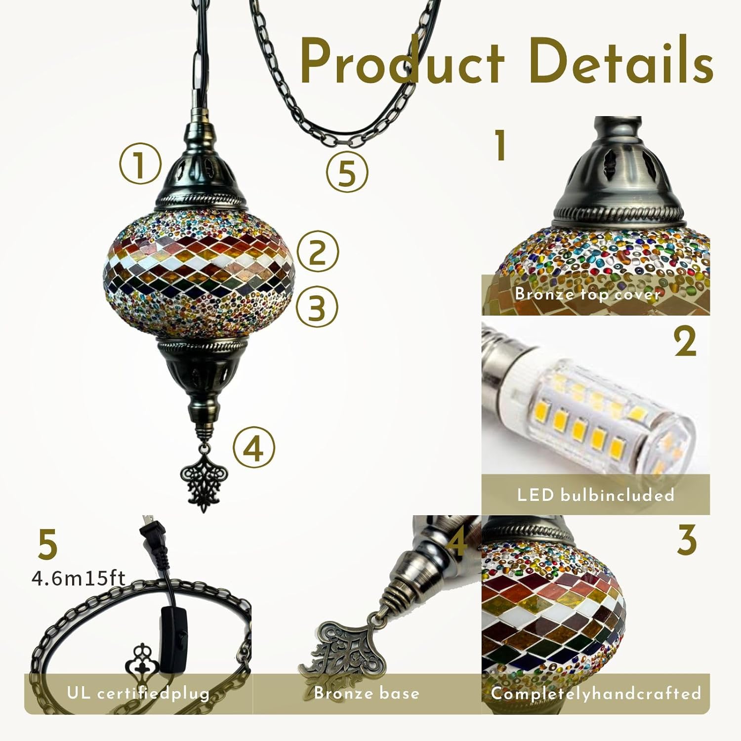 Turkish Handmade Mosaic Plug-in Pendant Light - 6" Globe Hanging Ceiling Fixture, 15ft Swag Chain & Cord, US/CA Plug, Moroccan Exotic Home Decor (Colorful 2)