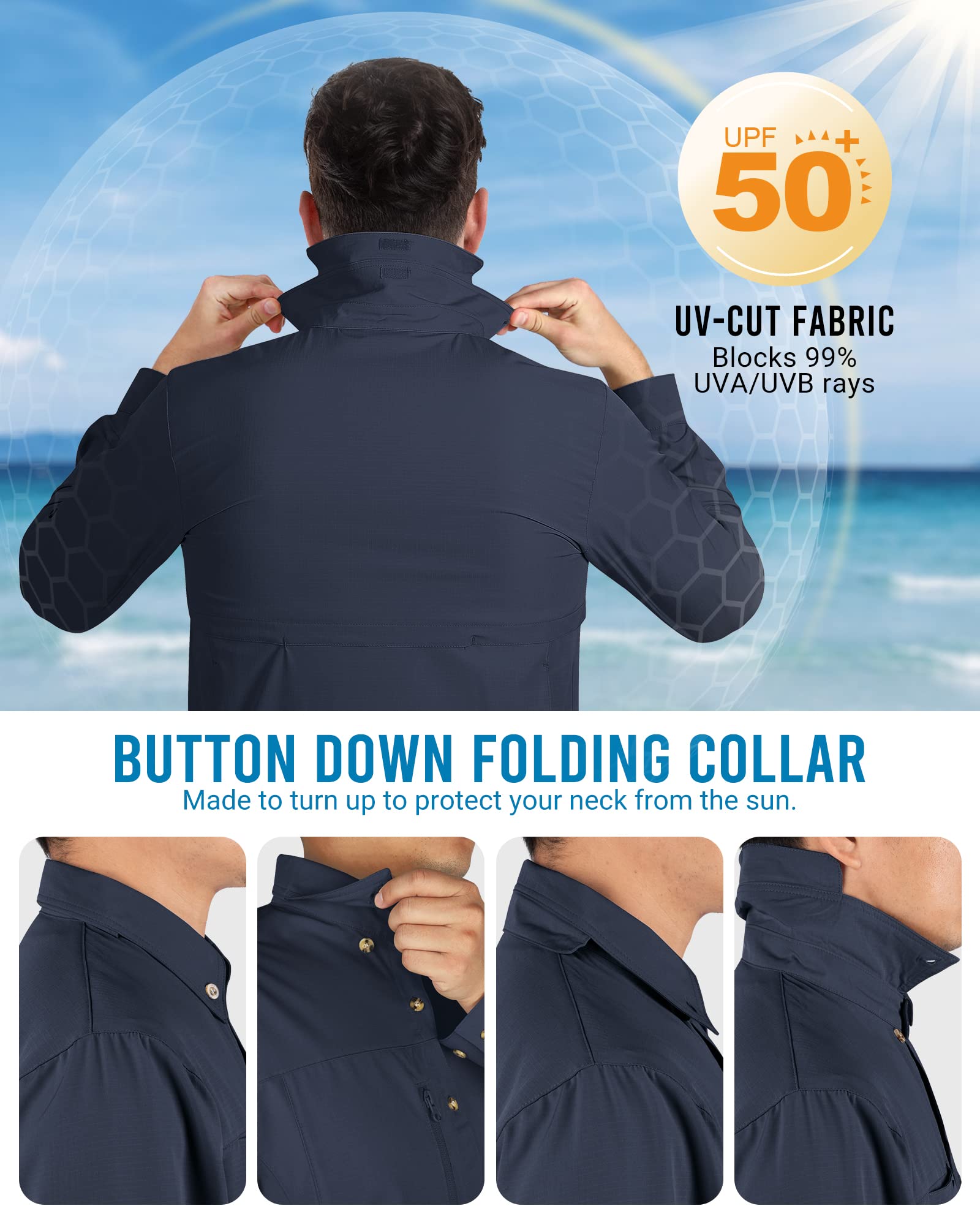Camicia da uomo a maniche lunghe, da uomo, ad asciugatura rapida, leggera, funzionale, traspirante, 50+, protezione UV con tasche, per pesca, corsa, escursionismo, campeggio